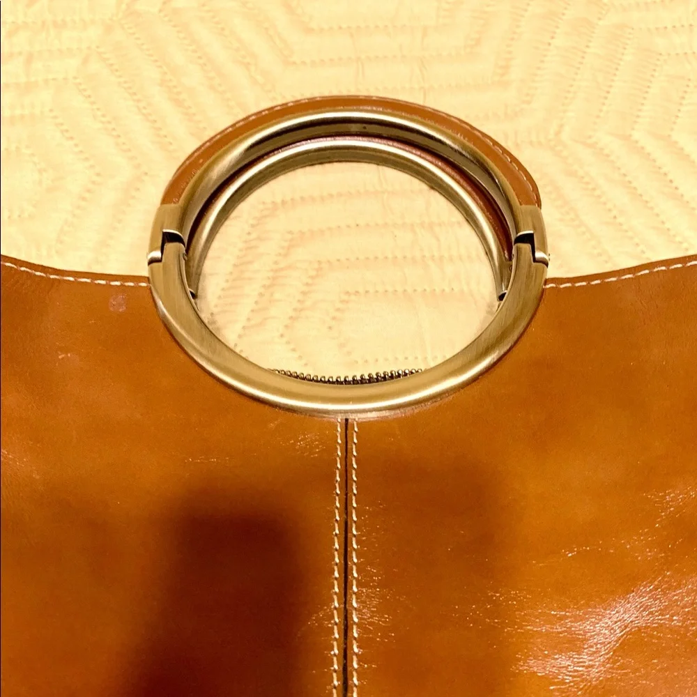 Patricia Nash Saddle Brown Leather Satchel with Gold Ring Handles